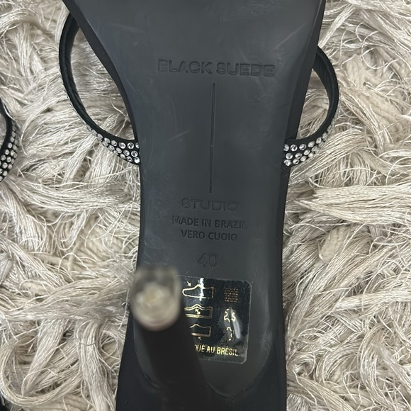 NWOB Black Suede Studio Crystal Embossed High Heel Sandals in Black Sz 40 US 10 - Picture 5 of 11